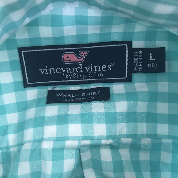 Vineyard Vines Whale Shirt Boys Size Large (14) Gingham Green Check Button Down - Picture 2 of 5